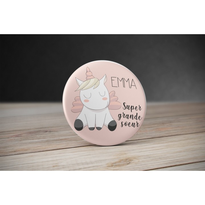 Badge Licorne Rose avec prénom personnalisable