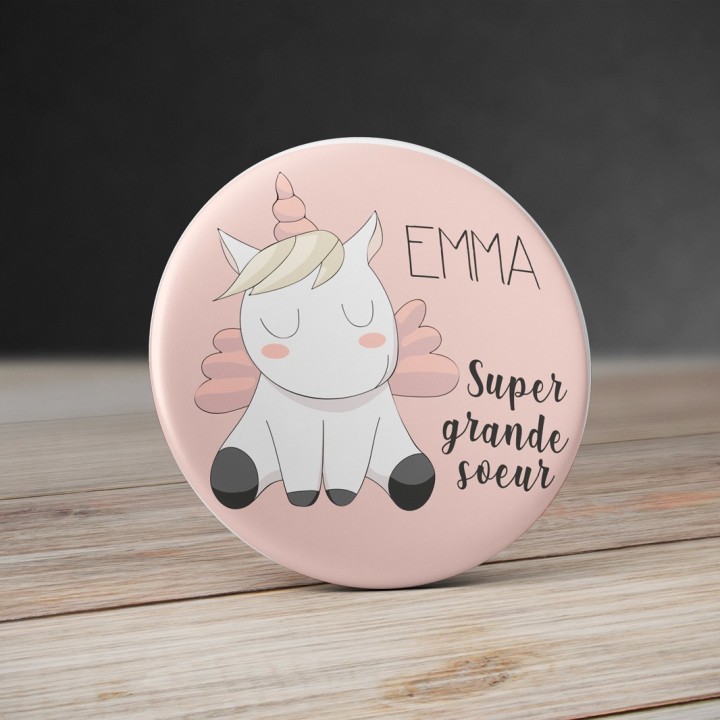 Badge Licorne Rose avec prénom personnalisable