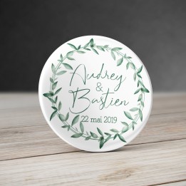 Badge personnalisable pour mariage - Couronne de feuilles