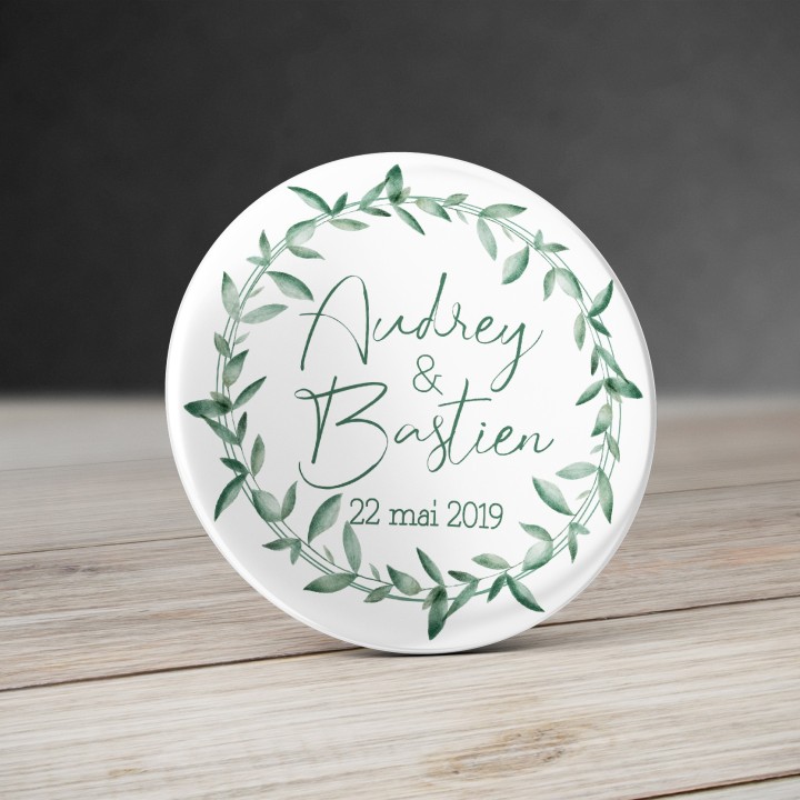Badge personnalisable pour mariage - Couronne de feuilles