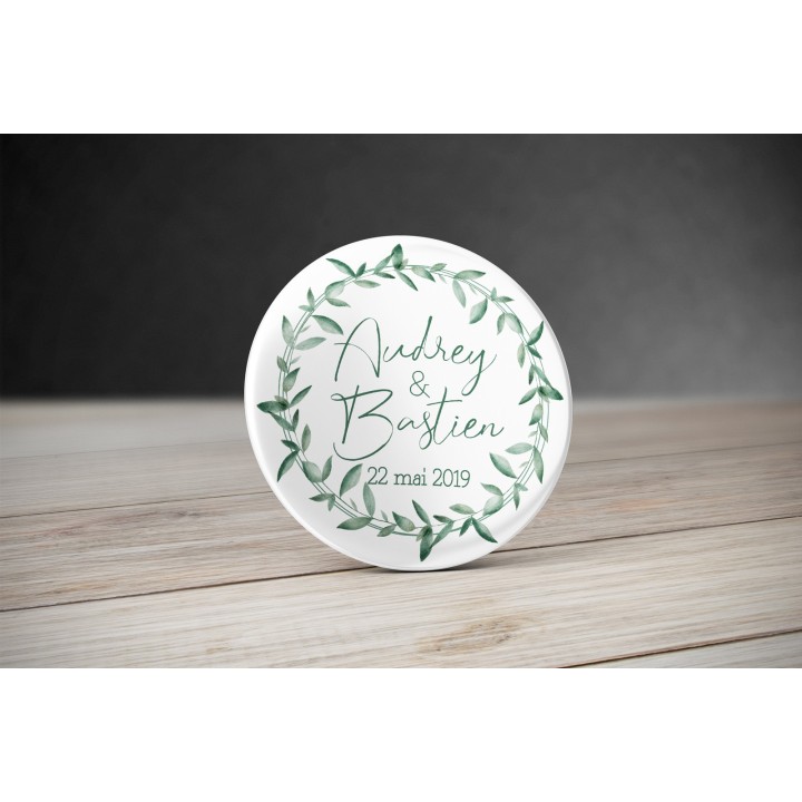 Badge personnalisable pour mariage - Couronne de feuilles