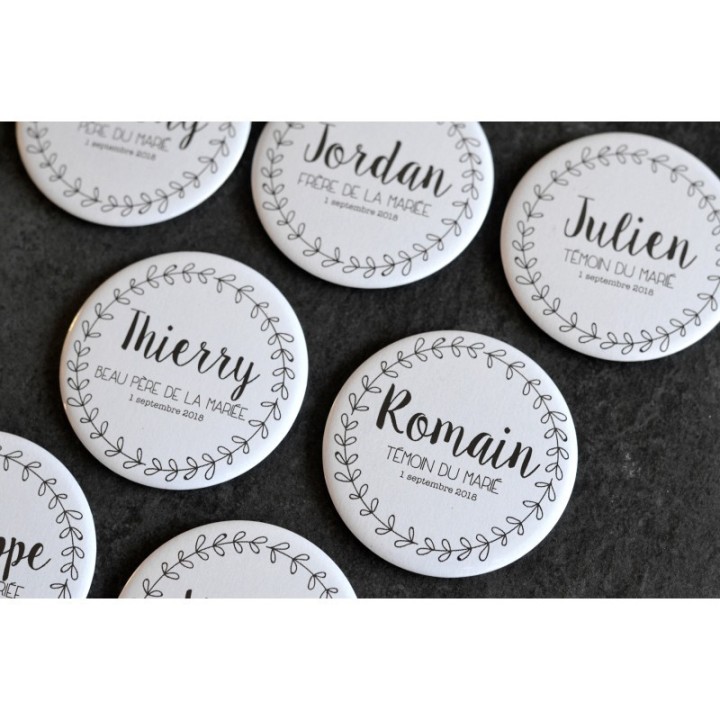 Badge personnalisable pour mariage - Modèle couronne de feuilles