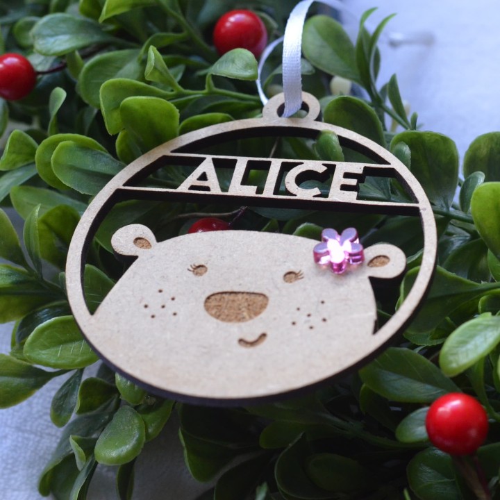 Décoration de Noël Ours fille en bois avec prénom