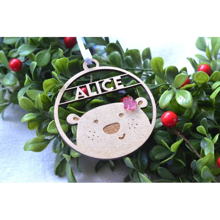 Décoration de Noël Ours fille en bois avec prénom