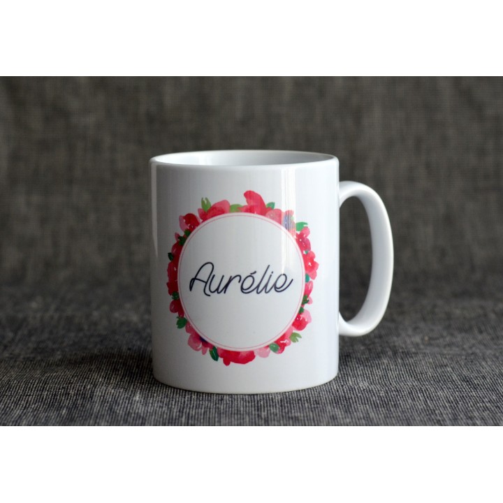 Mug à fleurs Personnalisable avec prénom - façon aquarelle