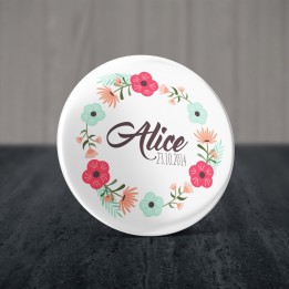 Badge couronne de fleurs avec prénom personnalisable